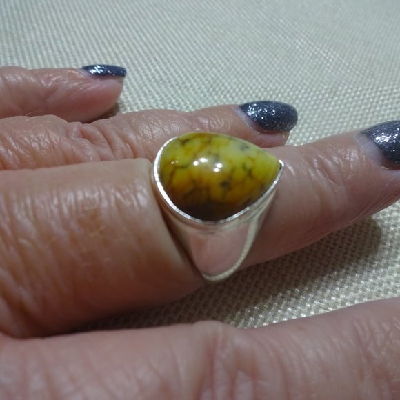 Gorgeous "YELLOW DENDRITE OPAL" Handmade Sterling Ring Size 9.25 #445B - Picture 2 of 3